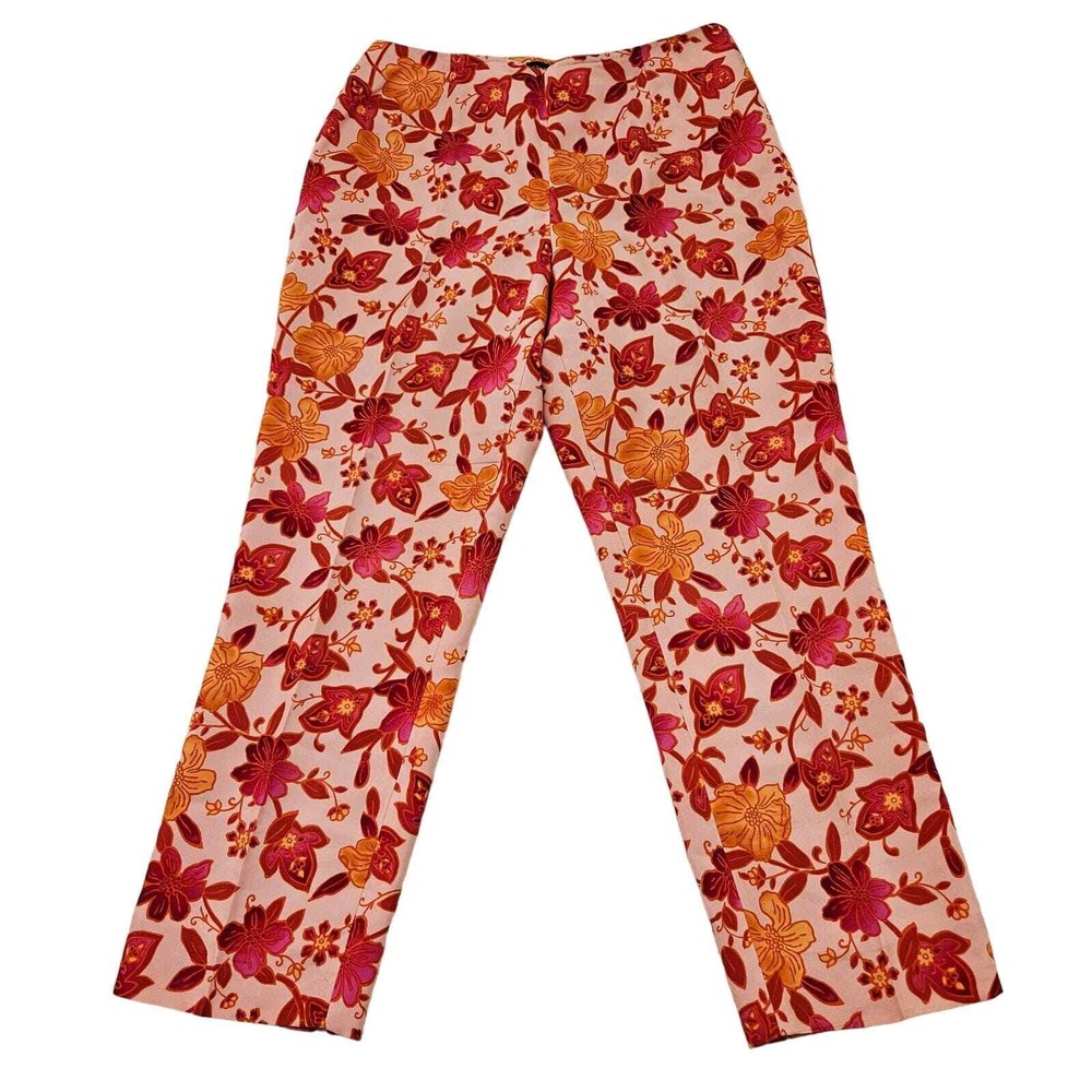 Ann Taylor 100% Silk Floral Trousers Pink Red Straight Leg 8P Retro Luxury Mod